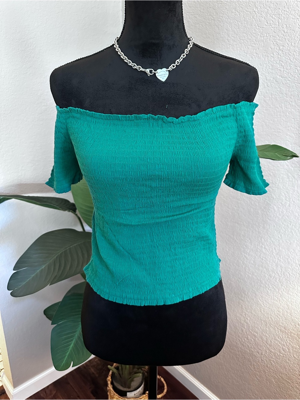 Ambiance Teal Off-Shoulder Smocked Crop Top